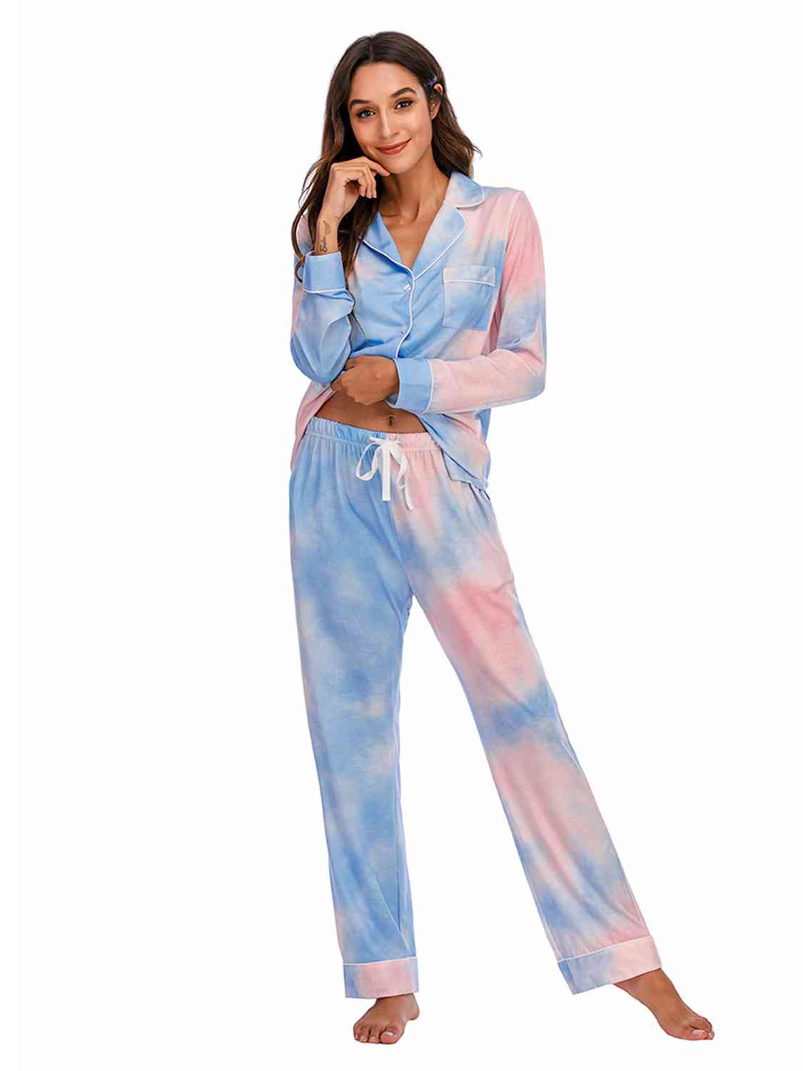 Collared Neck Long Sleeve Loungewear Set with Pockets Trendsi