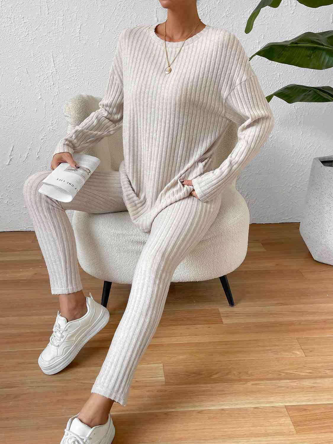 Ribbed Top and Pants Lounge Set Trendsi