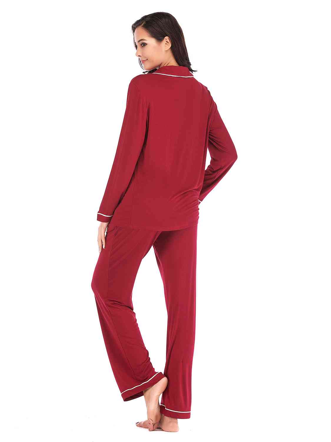 Collared Neck Long Sleeve Loungewear Set with Pockets Trendsi