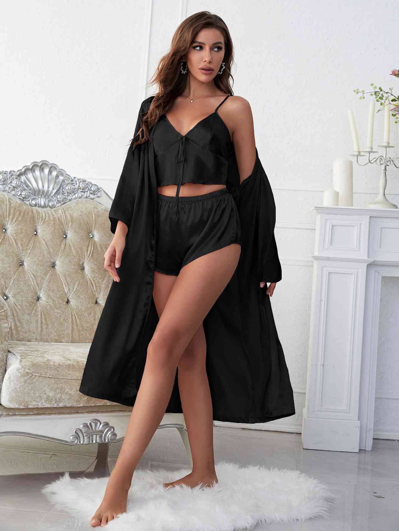 Satin V-Neck Cami, Shorts, and Belted Robe Pajama Set Trendsi