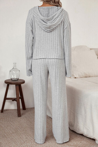 Ribbed Drawstring Hoodie and Pants Lounge Set Trendsi