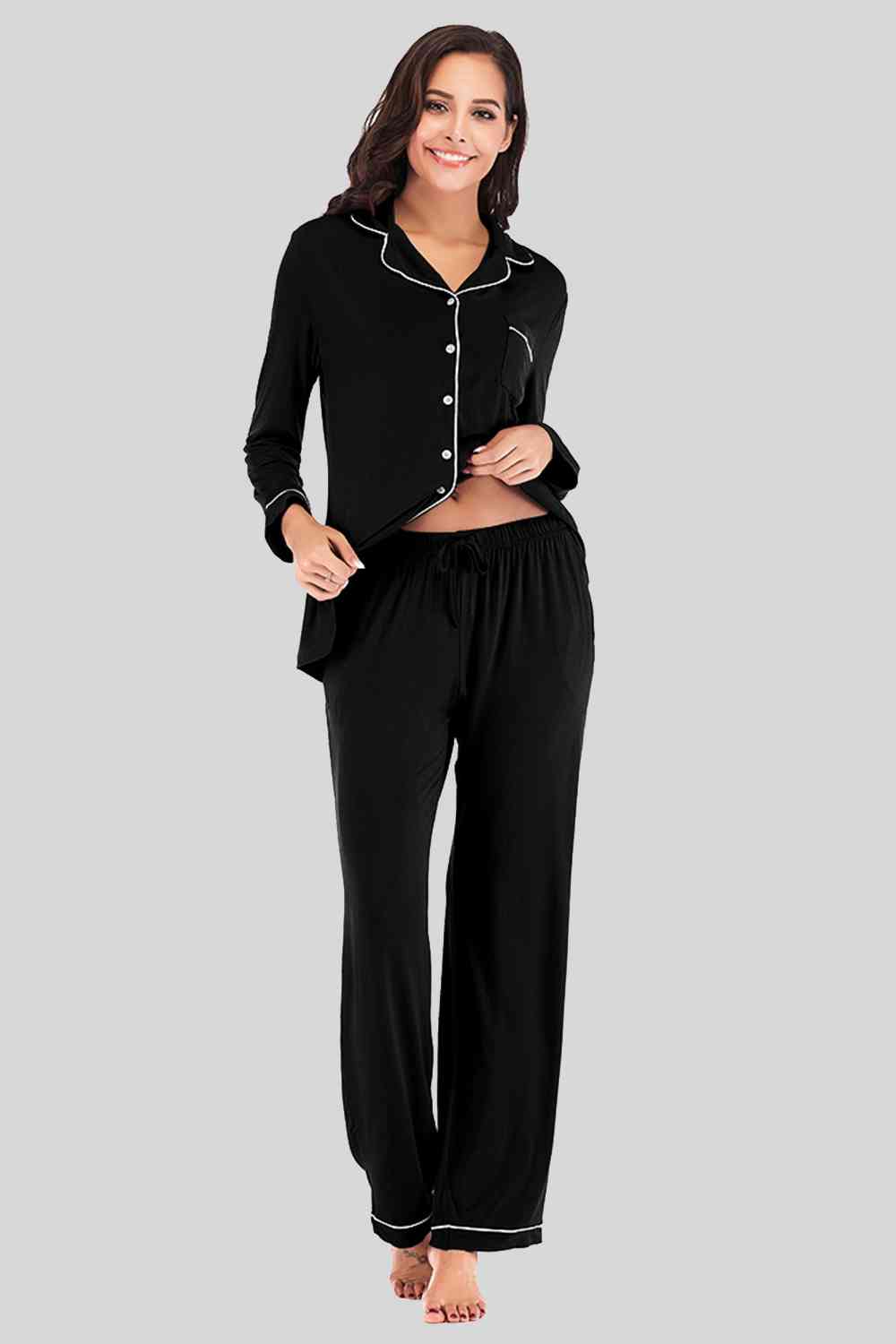 Collared Neck Long Sleeve Loungewear Set with Pockets Trendsi