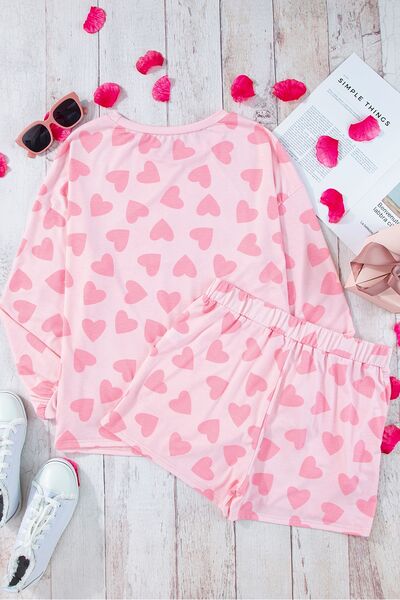 Heart Print Round Neck Top and Shorts Lounge Set Trendsi