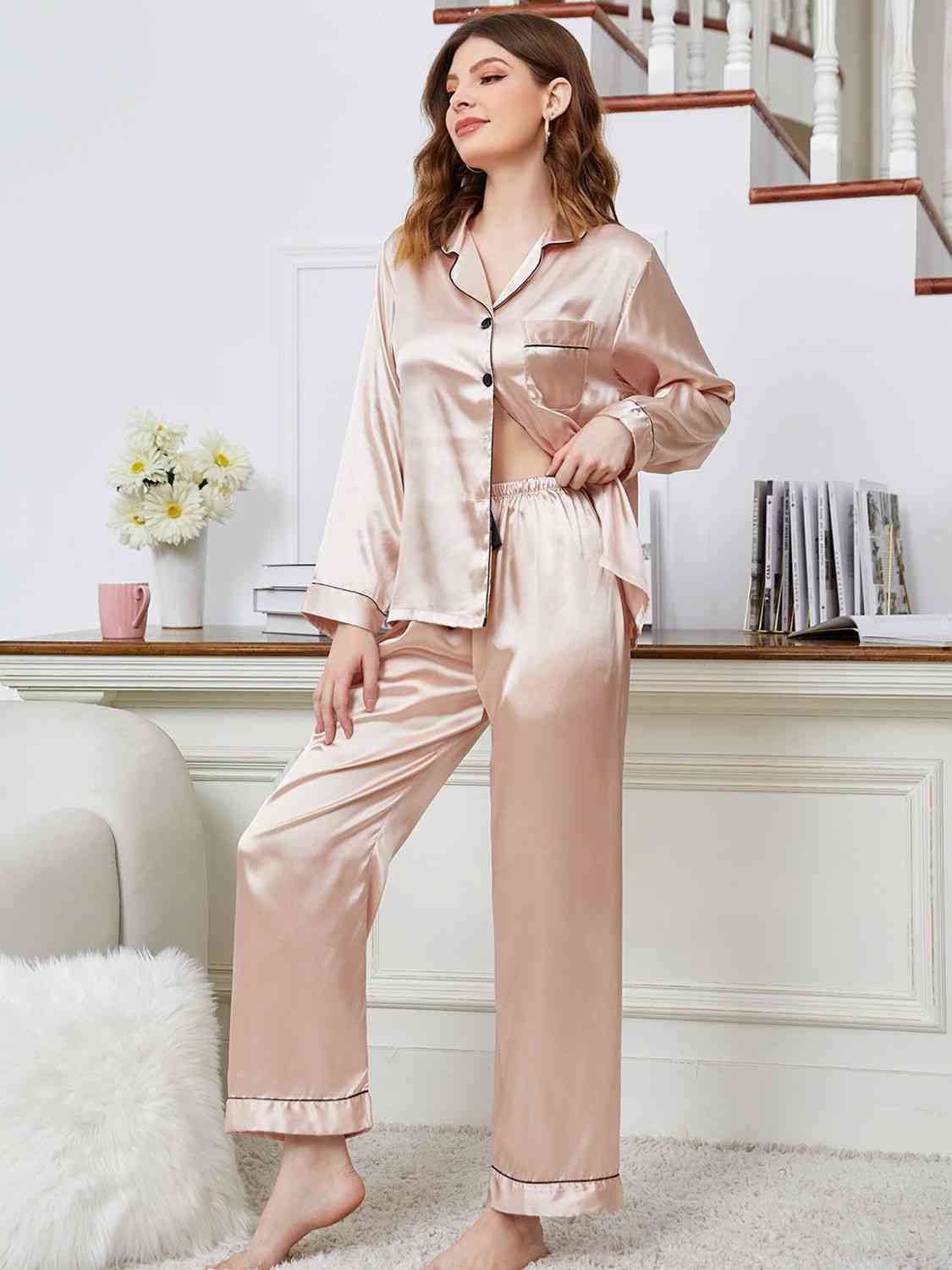 Lapel Collar Long Sleeve Top and Pants Pajama Set Trendsi