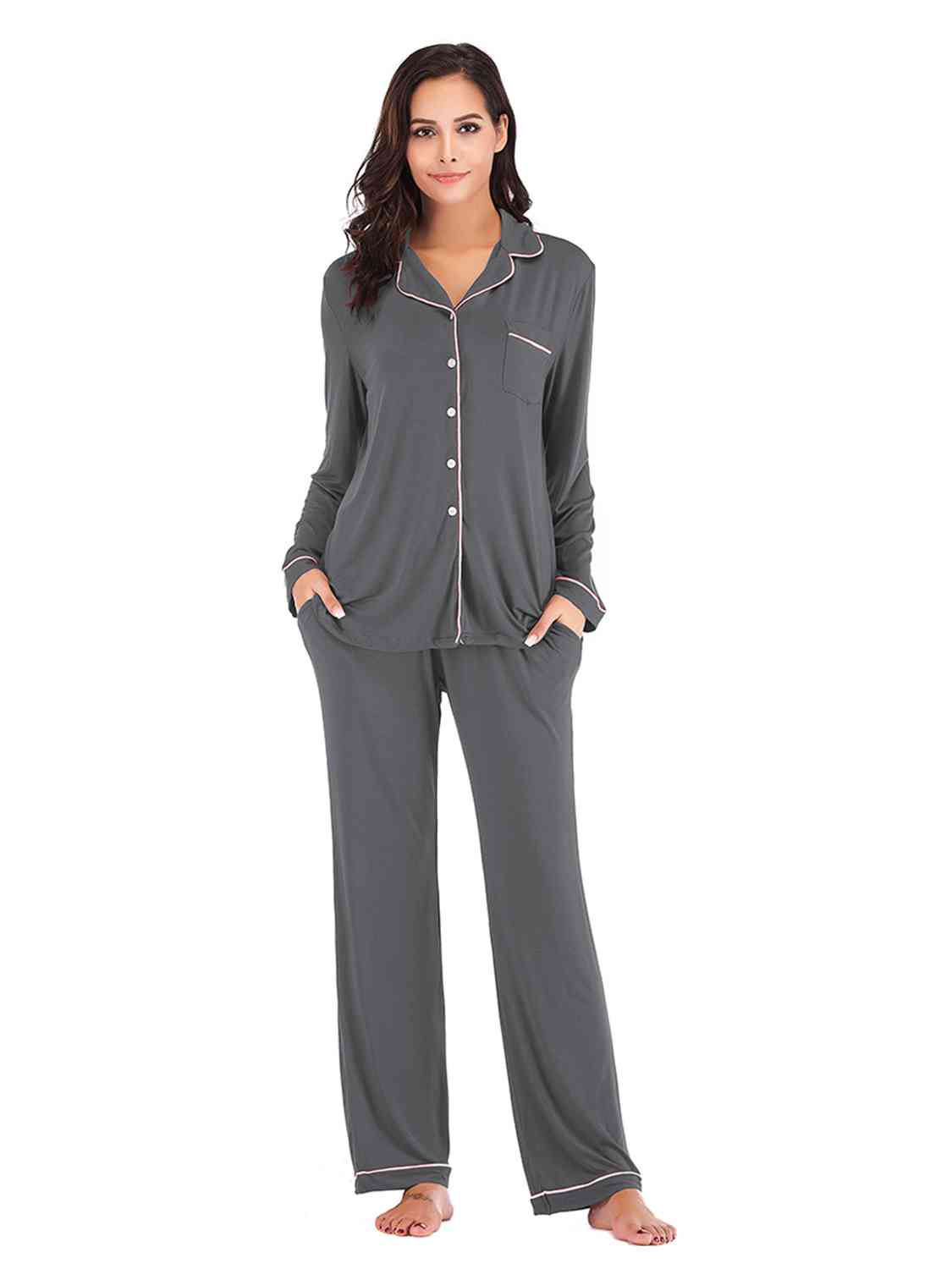 Collared Neck Long Sleeve Loungewear Set with Pockets Trendsi