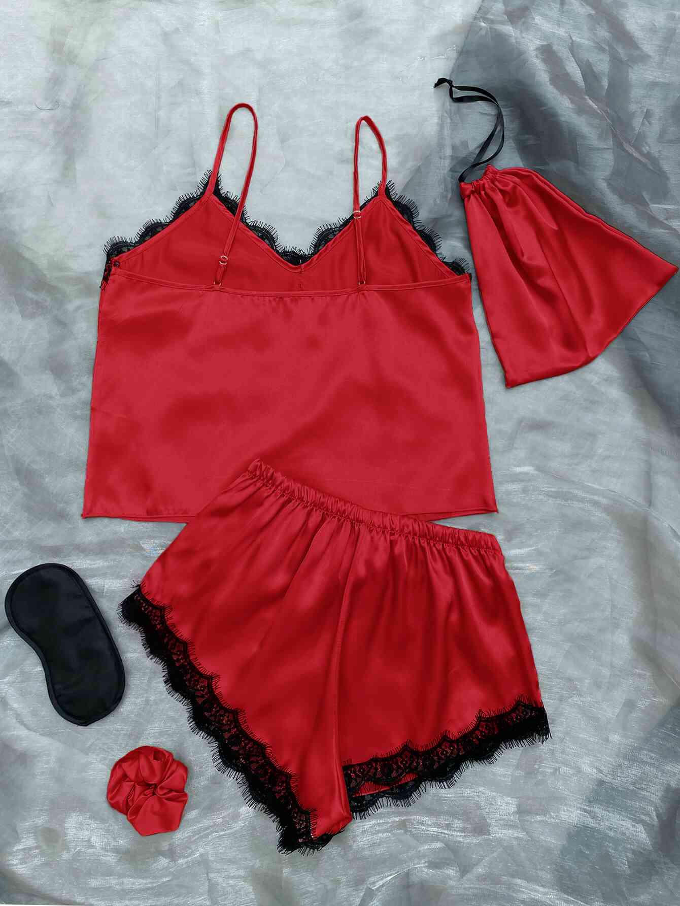 Lace Trim Cami, Shorts, Eye Mask, Scrunchie, and Bag Pajama Set Trendsi