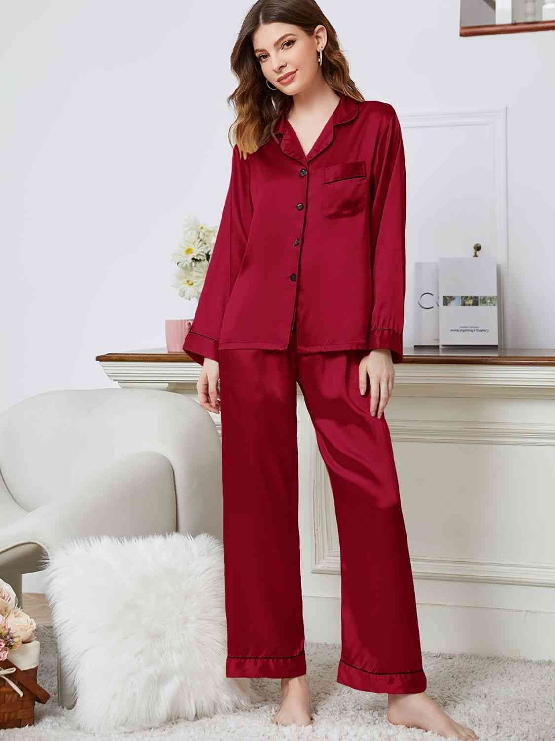 Lapel Collar Long Sleeve Top and Pants Pajama Set Trendsi