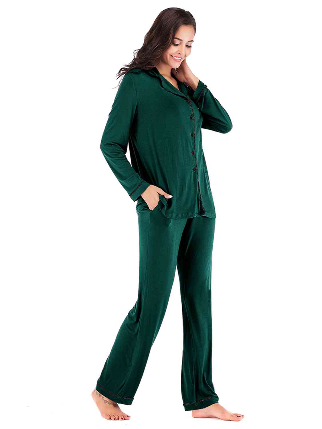 Collared Neck Long Sleeve Loungewear Set with Pockets Trendsi