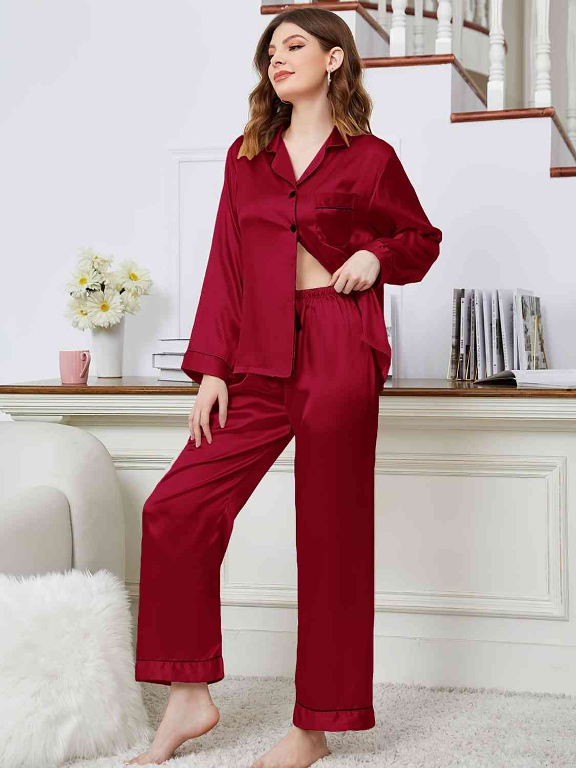 Lapel Collar Long Sleeve Top and Pants Pajama Set Trendsi