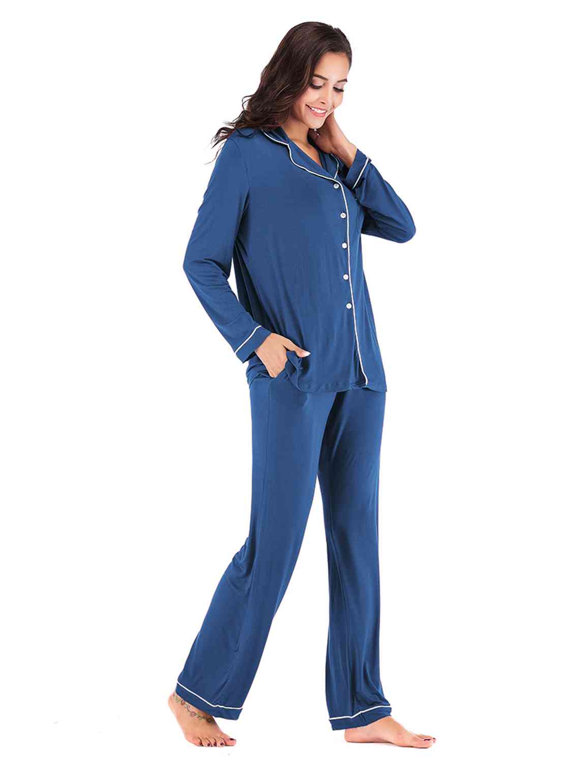 Collared Neck Long Sleeve Loungewear Set with Pockets Trendsi