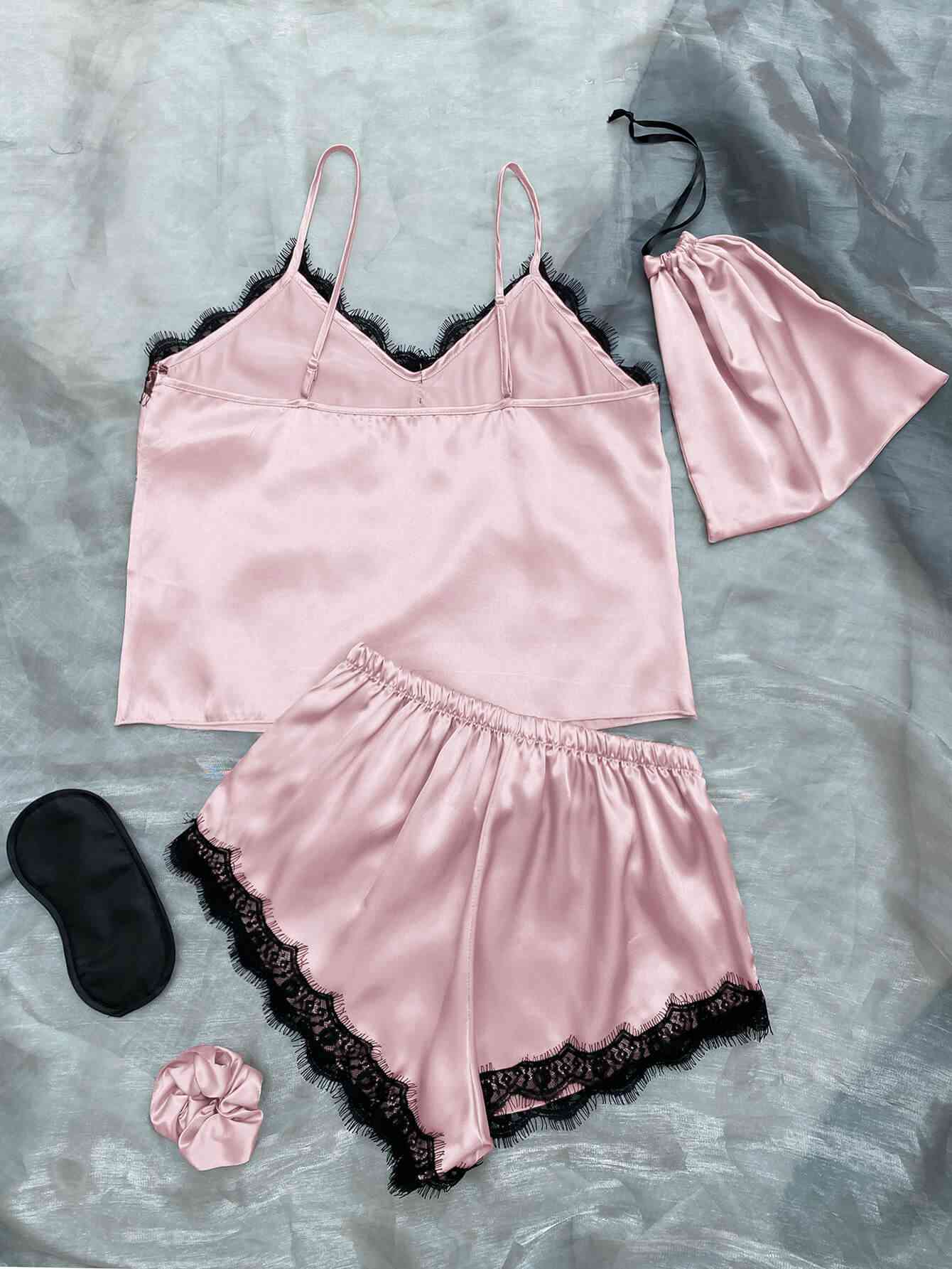 Lace Trim Cami, Shorts, Eye Mask, Scrunchie, and Bag Pajama Set Trendsi