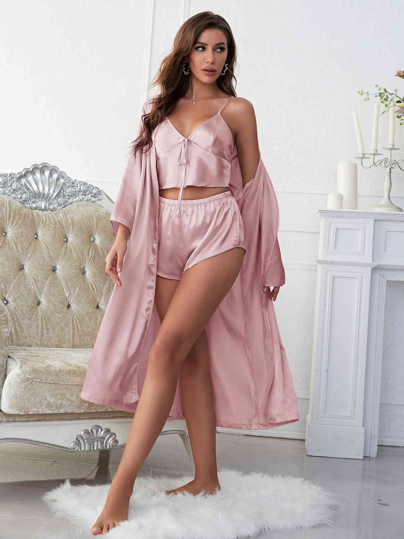 Satin V-Neck Cami, Shorts, and Belted Robe Pajama Set Trendsi