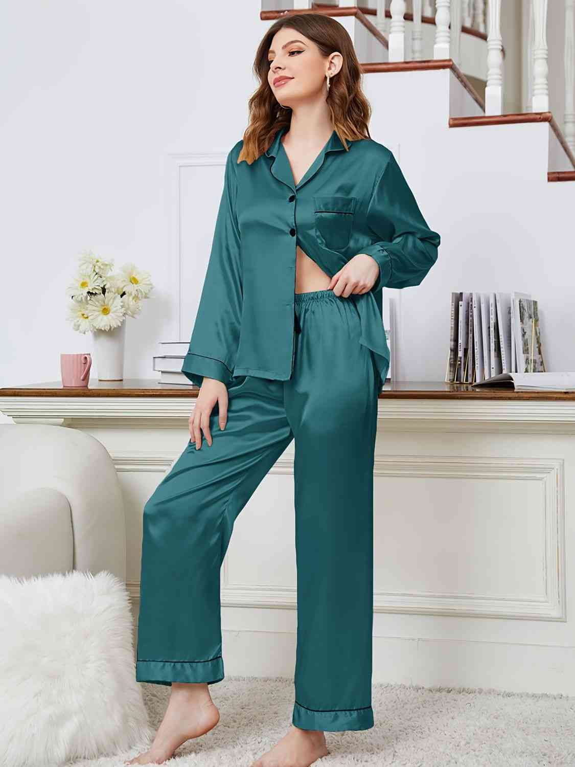 Lapel Collar Long Sleeve Top and Pants Pajama Set Trendsi