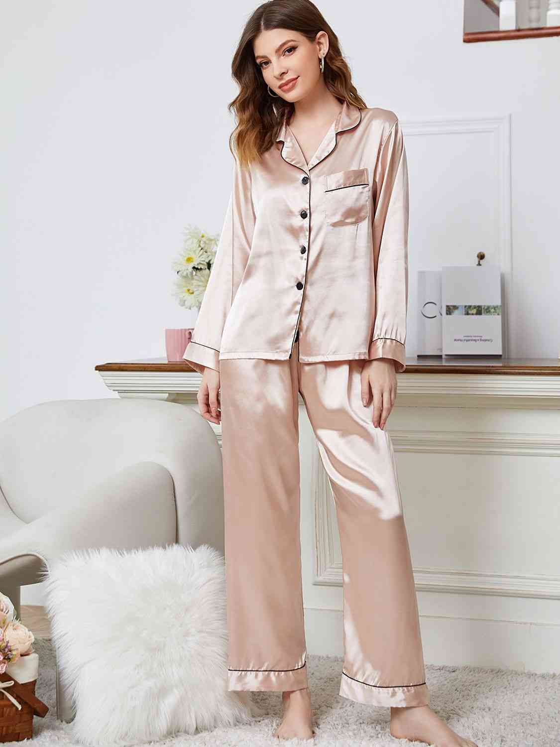 Lapel Collar Long Sleeve Top and Pants Pajama Set Trendsi