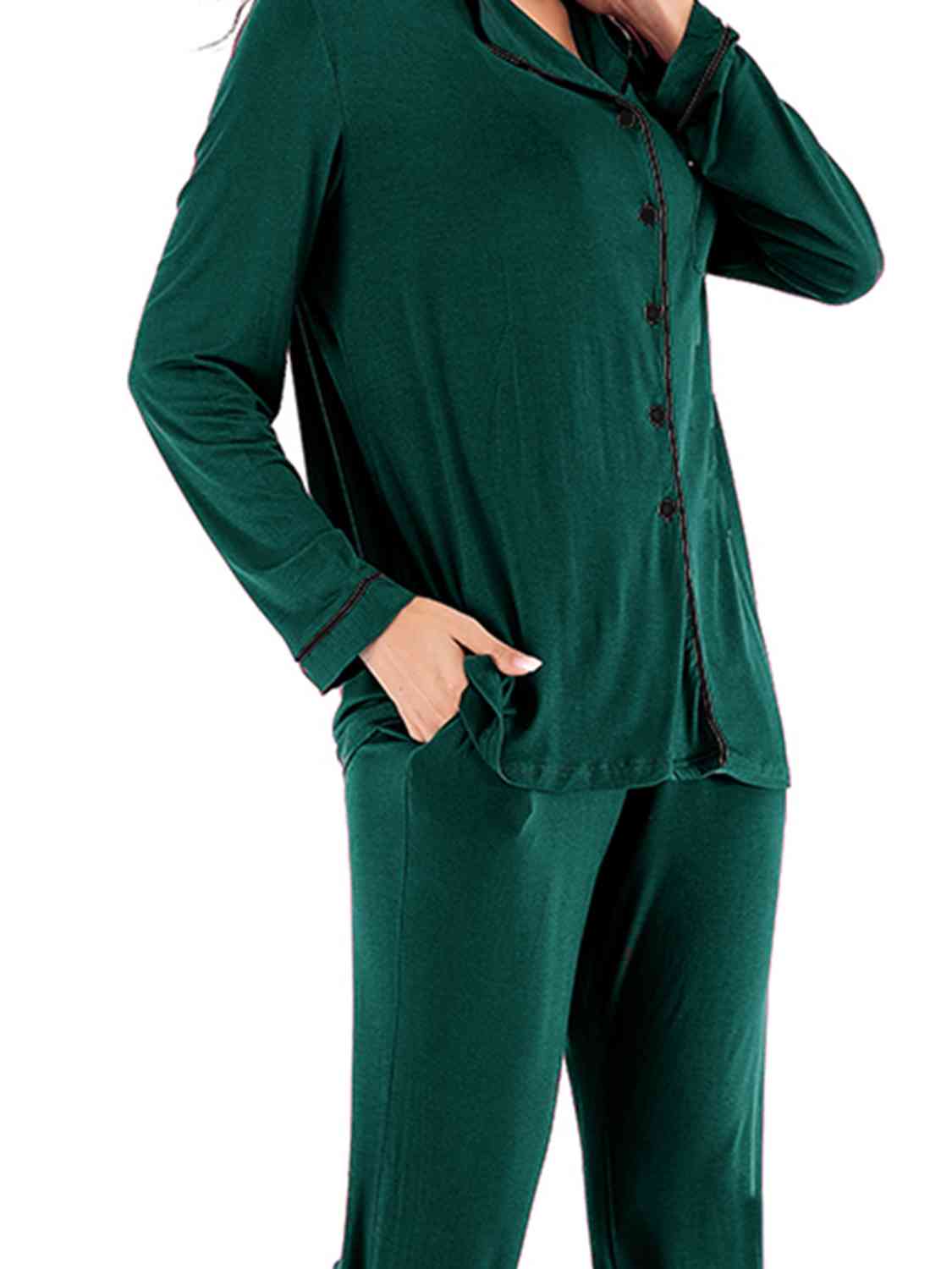 Collared Neck Long Sleeve Loungewear Set with Pockets Trendsi