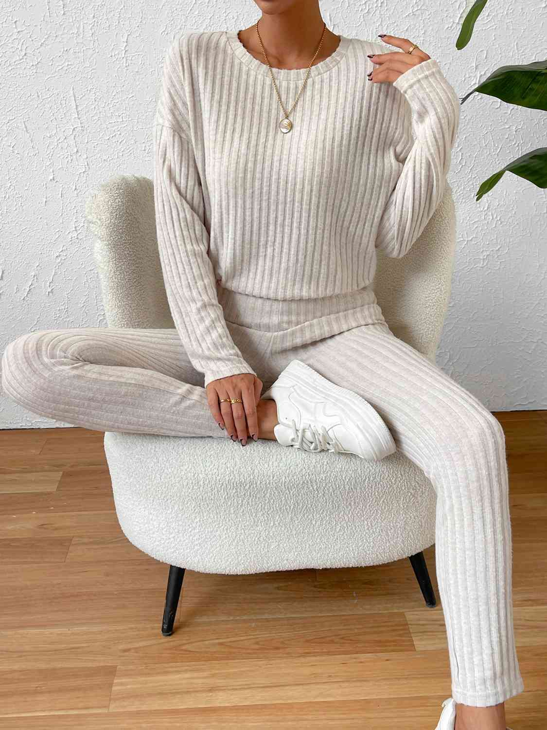 Ribbed Top and Pants Lounge Set Trendsi