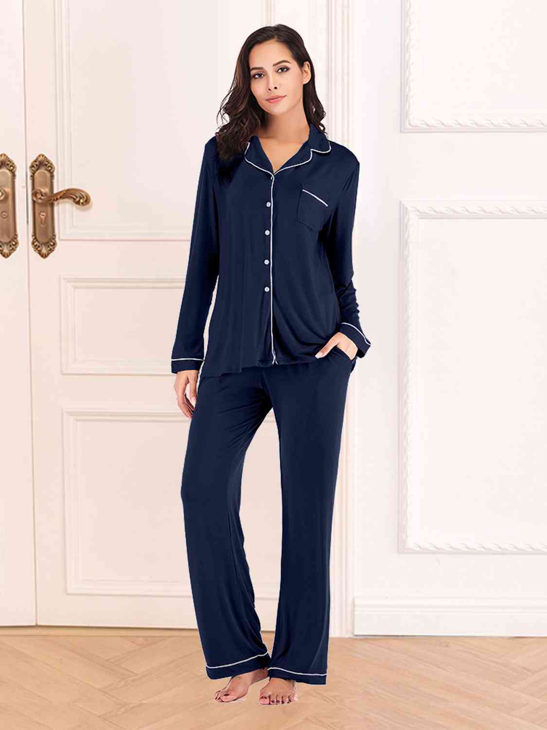 Collared Neck Long Sleeve Loungewear Set with Pockets Trendsi