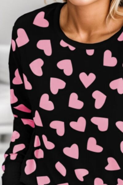 Heart Print Round Neck Top and Shorts Lounge Set Trendsi