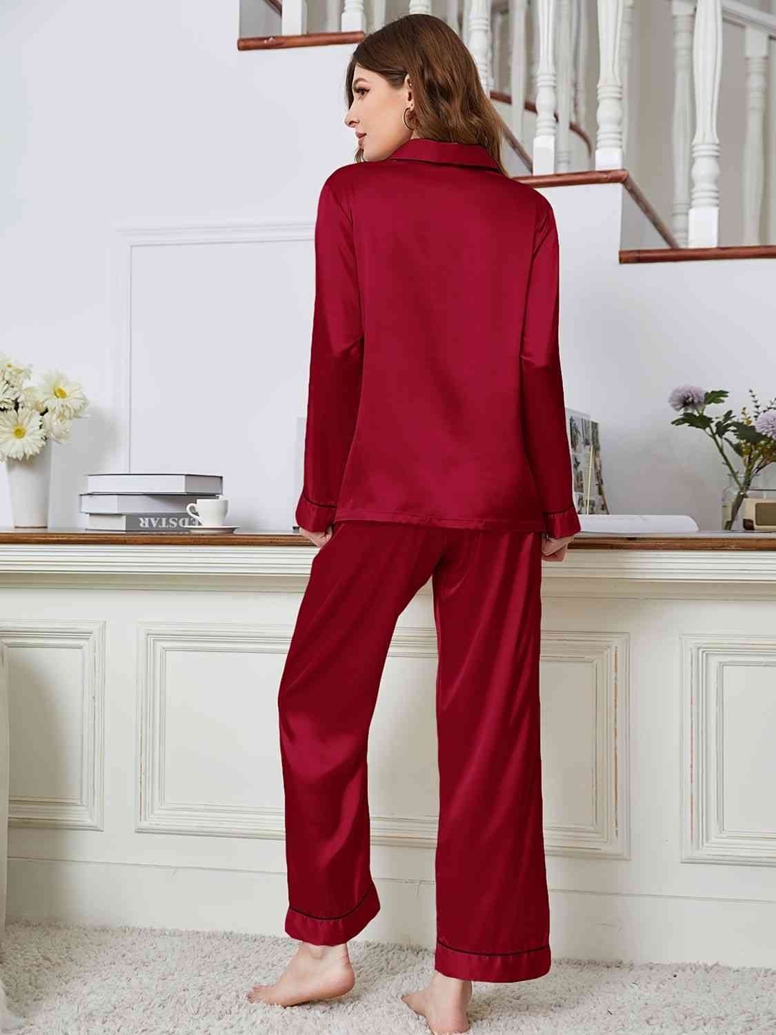 Lapel Collar Long Sleeve Top and Pants Pajama Set Trendsi