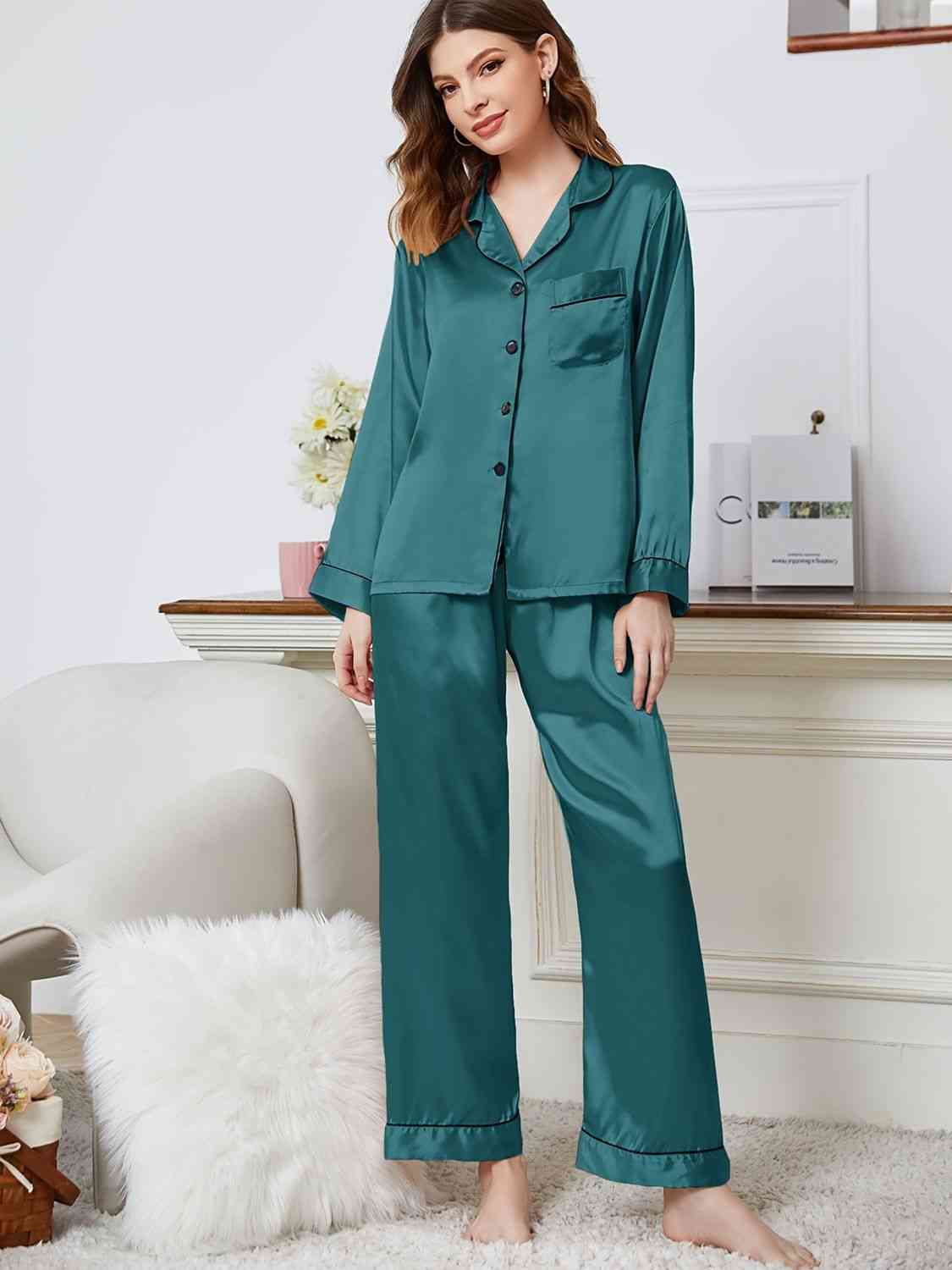 Lapel Collar Long Sleeve Top and Pants Pajama Set Trendsi