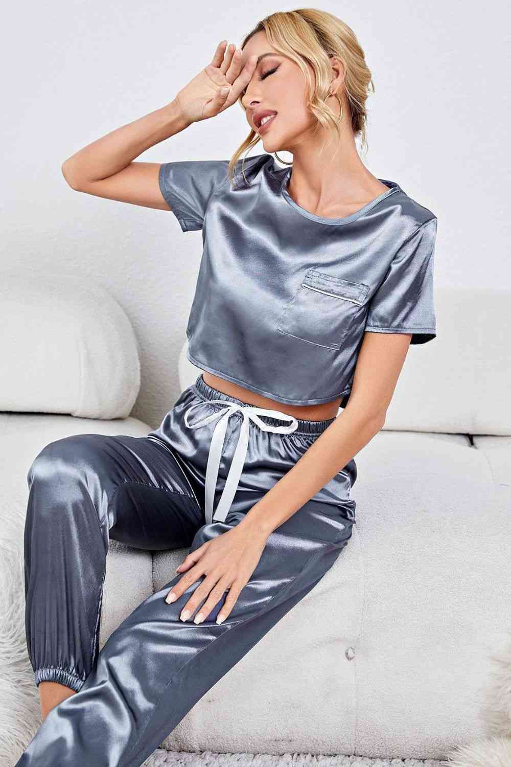 Satin Short Sleeve Crop Top and Joggers Lounge Set Trendsi