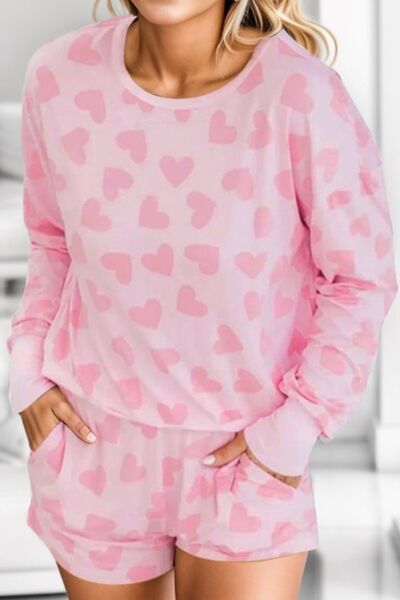 Heart Print Round Neck Top and Shorts Lounge Set Trendsi