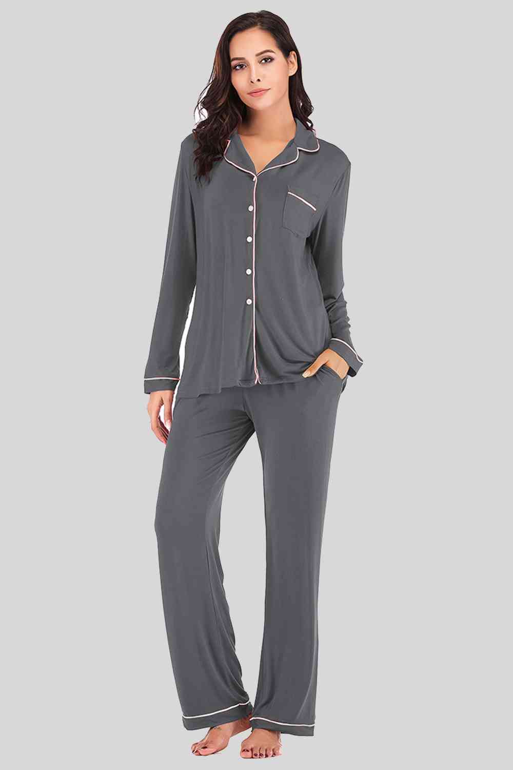 Collared Neck Long Sleeve Loungewear Set with Pockets Trendsi