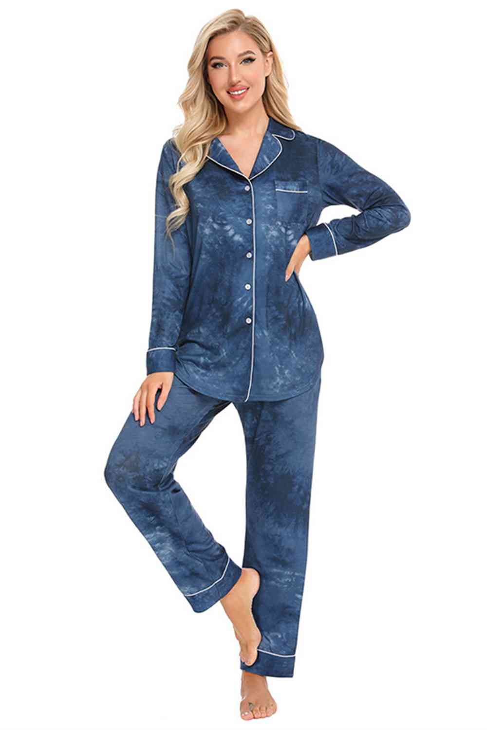 Collared Neck Long Sleeve Loungewear Set with Pockets Trendsi