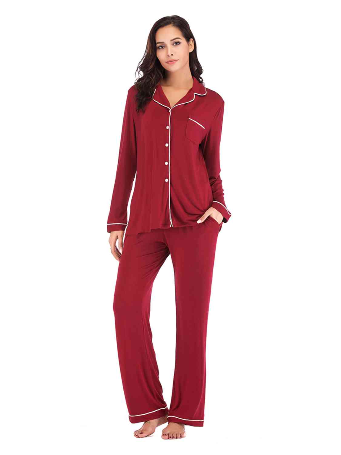 Collared Neck Long Sleeve Loungewear Set with Pockets Trendsi