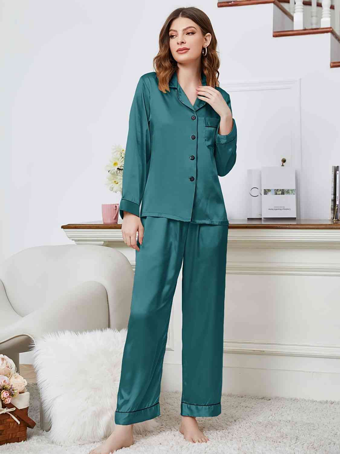 Lapel Collar Long Sleeve Top and Pants Pajama Set Trendsi