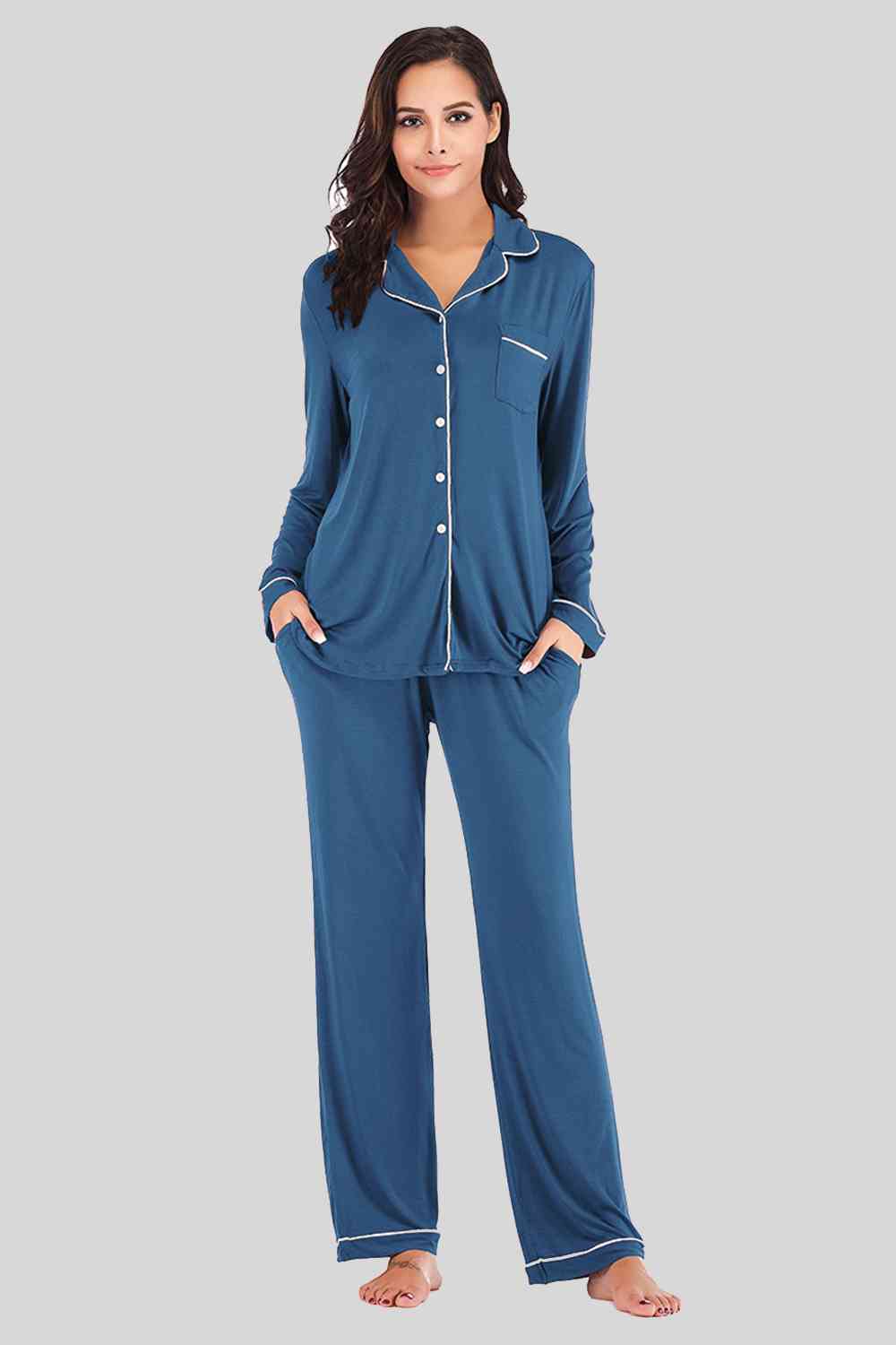 Collared Neck Long Sleeve Loungewear Set with Pockets Trendsi