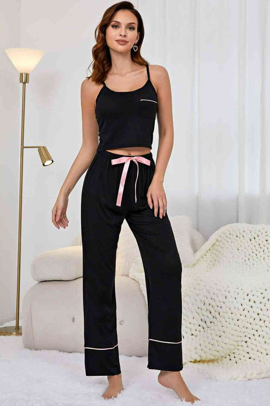 Contrast Trim Cropped Cami and Pants Loungewear Set Trendsi