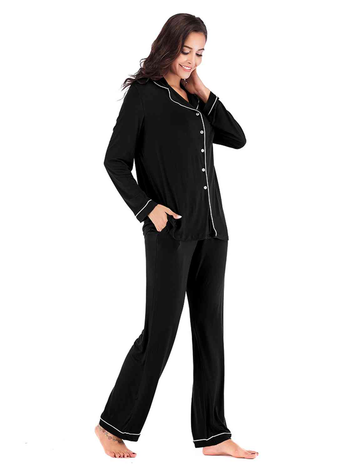 Collared Neck Long Sleeve Loungewear Set with Pockets Trendsi