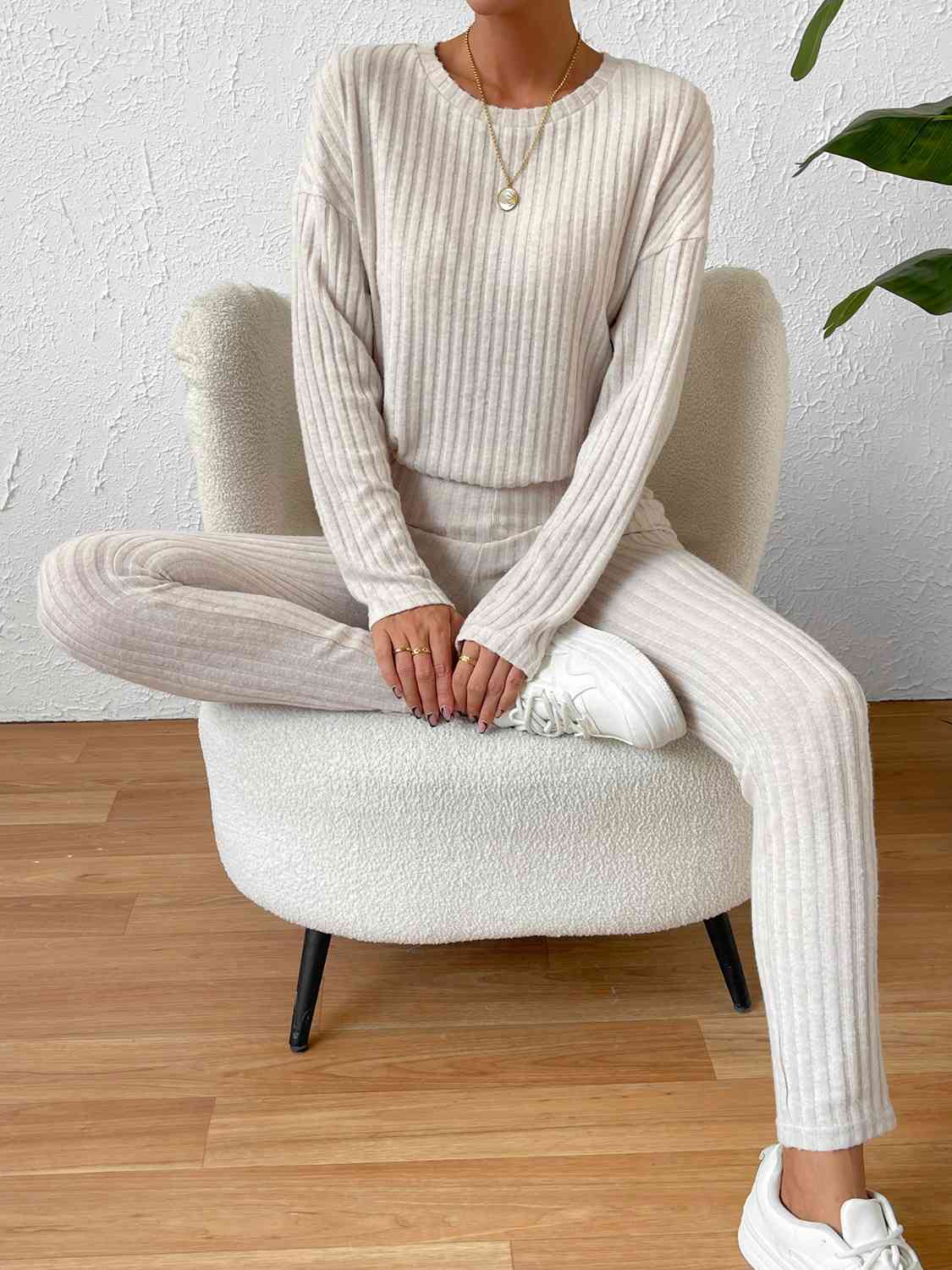 Ribbed Top and Pants Lounge Set Trendsi