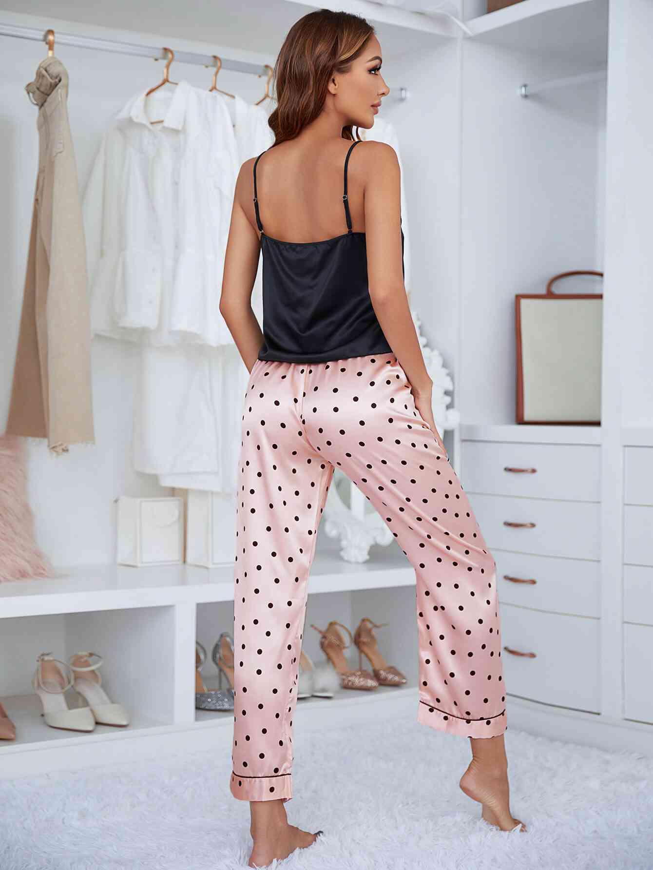 Lace Trim Cami and Polka Dot Satin Pajama Set Trendsi