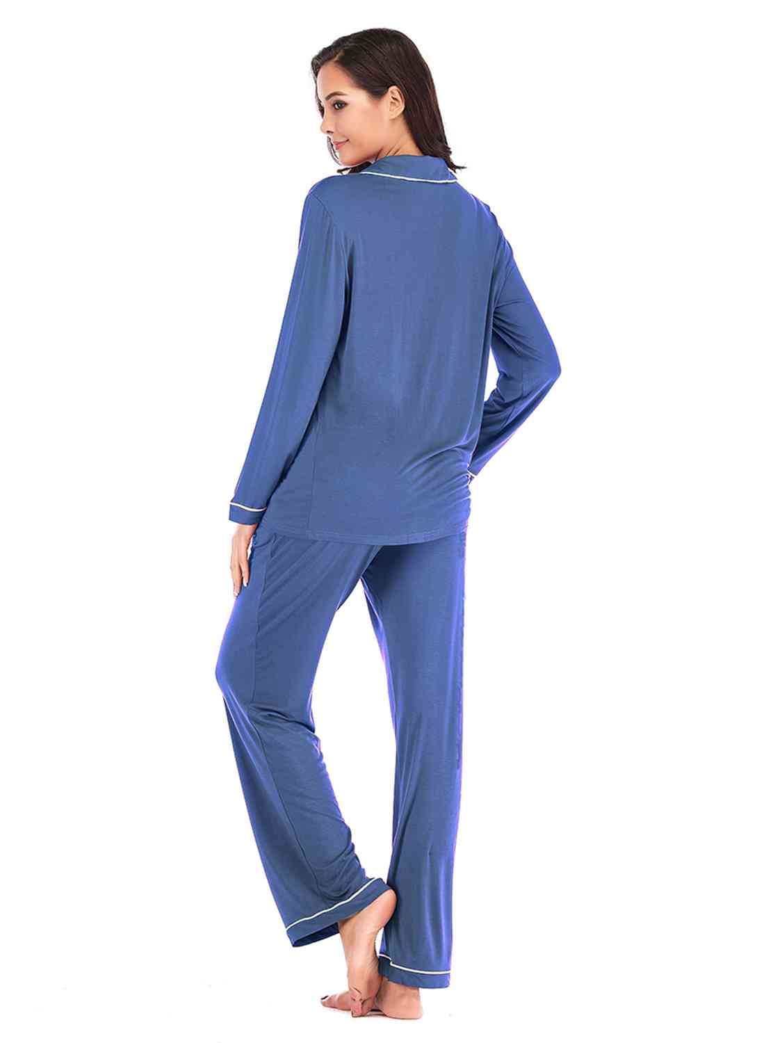 Collared Neck Long Sleeve Loungewear Set with Pockets Trendsi