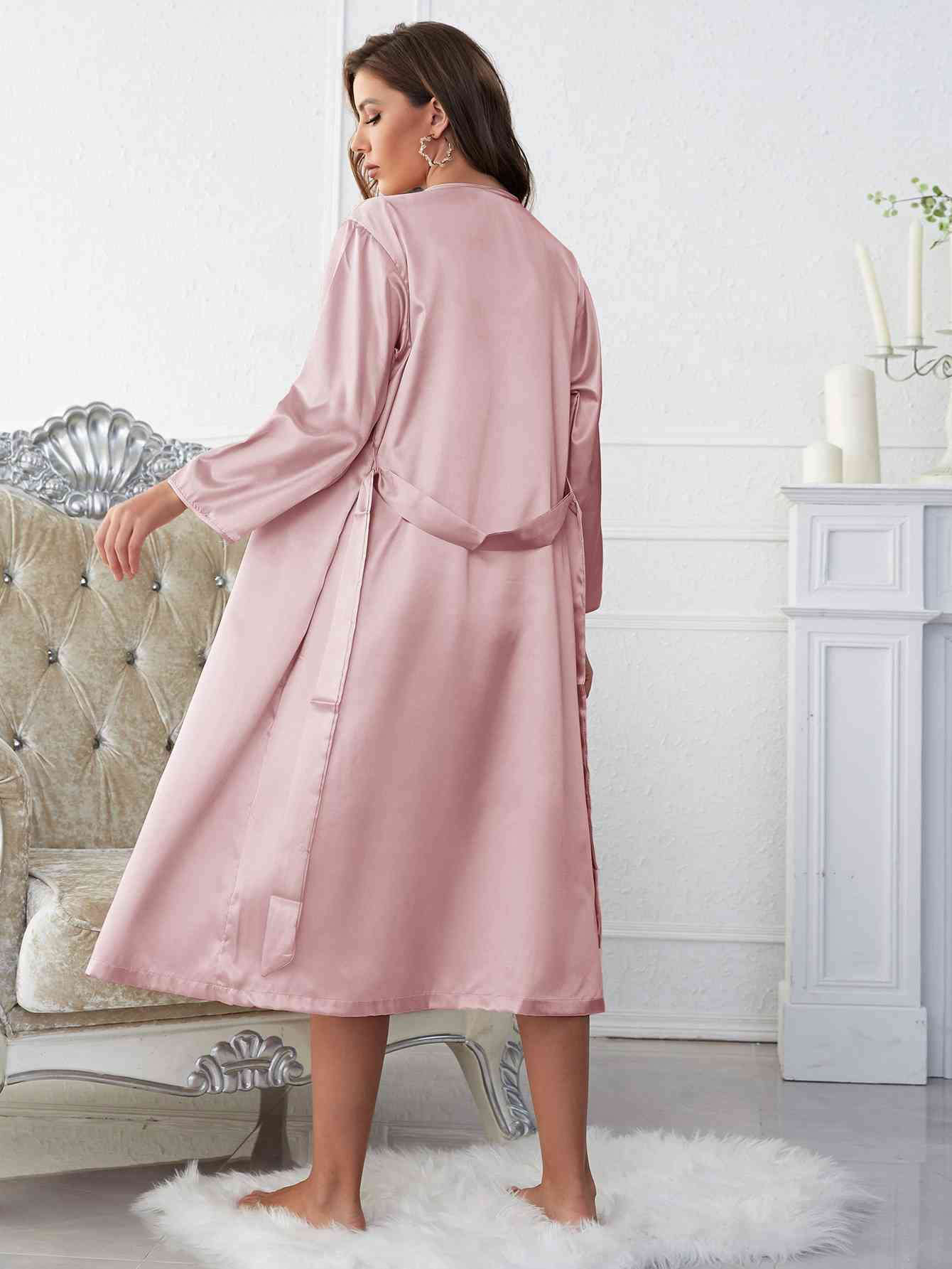 Satin V-Neck Cami, Shorts, and Belted Robe Pajama Set Trendsi