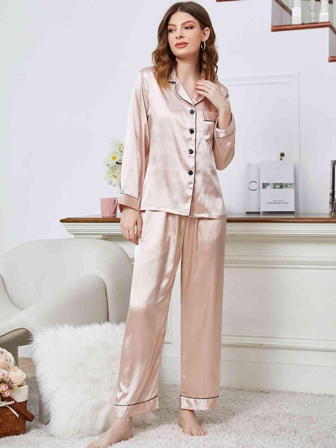 Lapel Collar Long Sleeve Top and Pants Pajama Set Trendsi