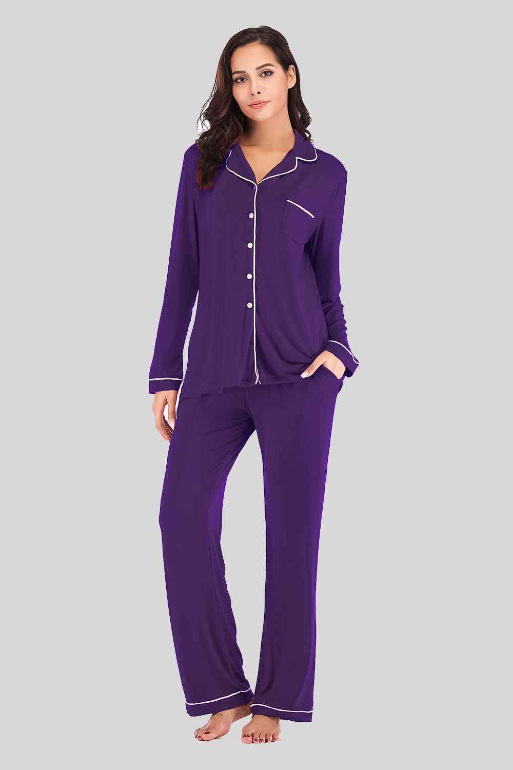 Collared Neck Long Sleeve Loungewear Set with Pockets Trendsi