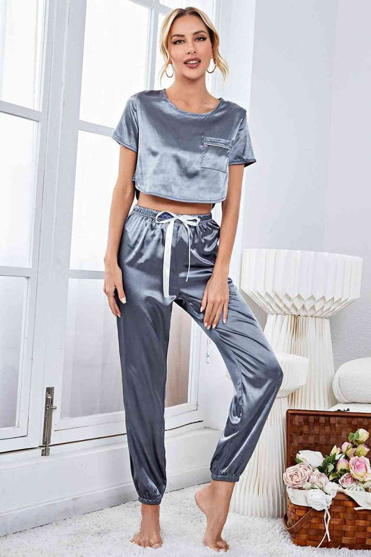 Satin Short Sleeve Crop Top and Joggers Lounge Set Trendsi